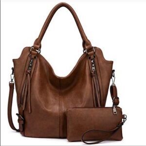 Women Brown PU Leather Handbag Leather Hobo Tote Bag